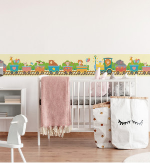 Samolepiaci tapetový pás do detskej izby s vláčikom a zvieratkami