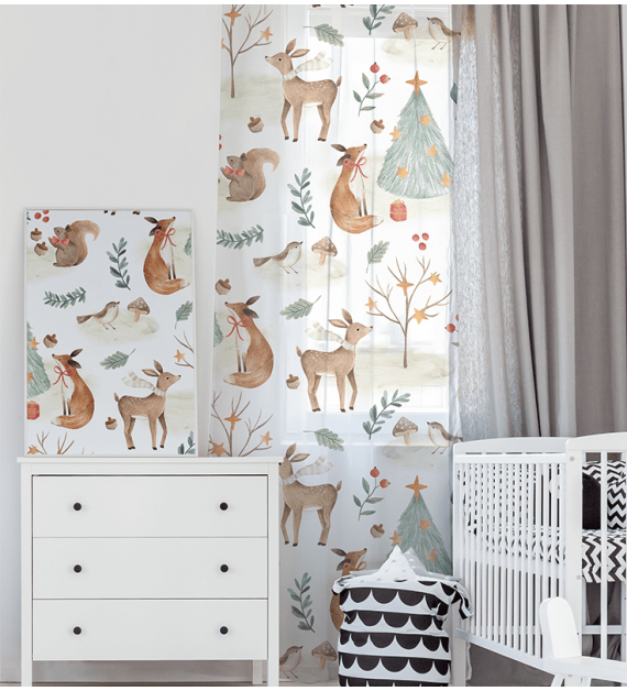 Vianočná záclona do detskej izby so srnčekmi a líškami