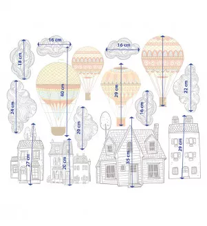 Rozmery samolepiek na stenu do detskej izby s balónmi a domčekmi