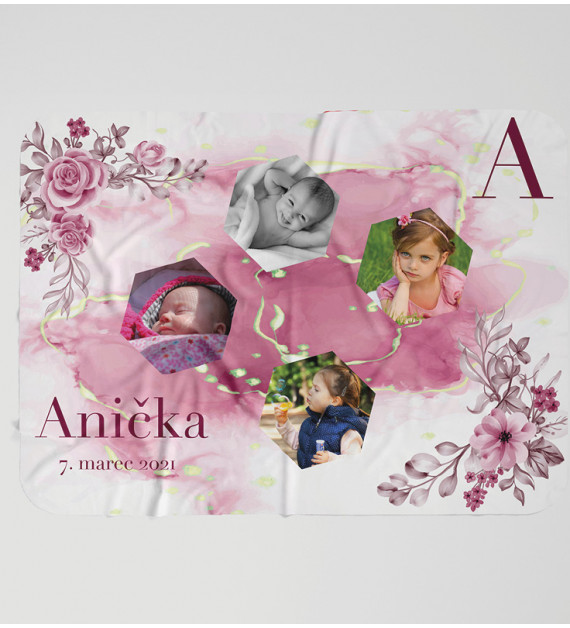 Deka Rose v ružovej farbe s menom dieťaťa, fotkami a dátumom narodenia