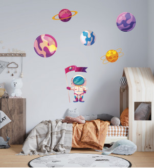 Samolepky na stenu do detskej izby s kozmonautom a planétami