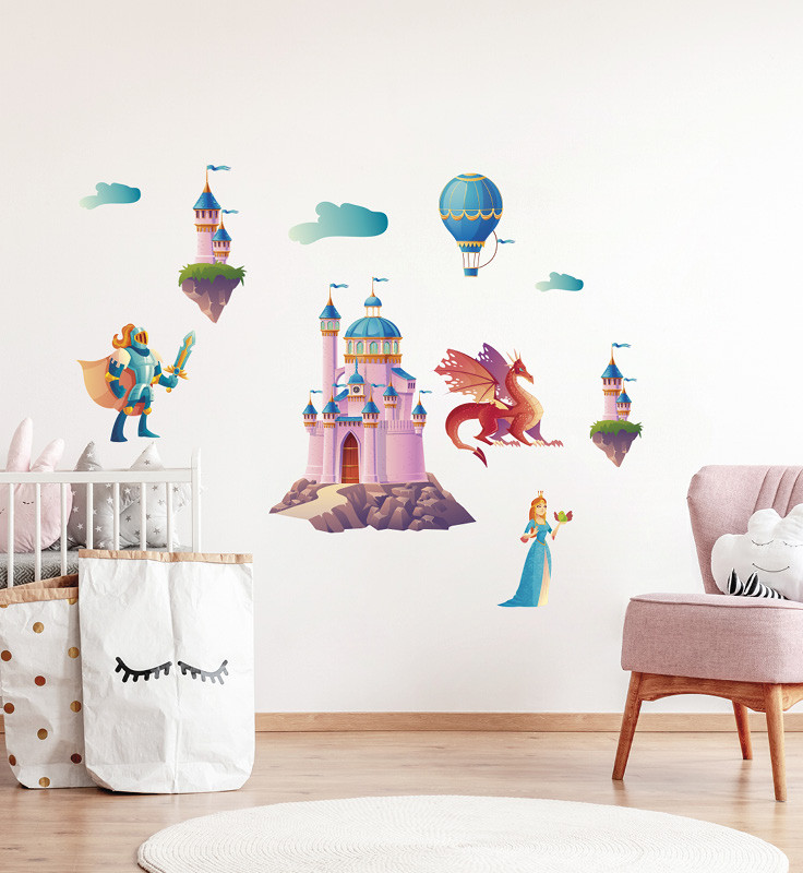 Samolepky na stenu do detskej izby s rozprávkovým hradom, princeznou a rytierom
