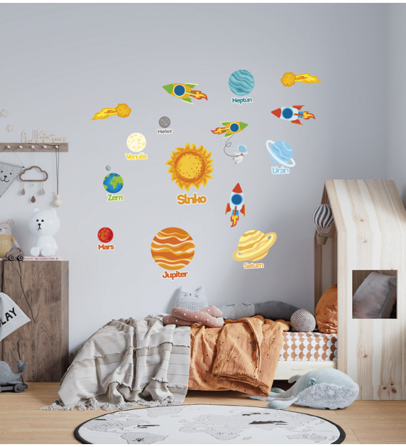 Samolepky na stenu do detskej izby s planétami slnečnej sústavy a raketami