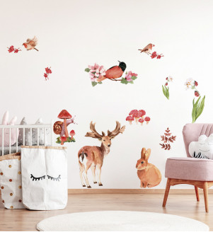 Samolepky na stenu do detskej izby s lesnými zvieratkami a kvetmi