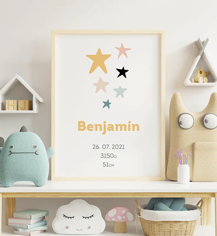 Plagát s hviezdičkami menom a údajmi o narodení dieťaťa