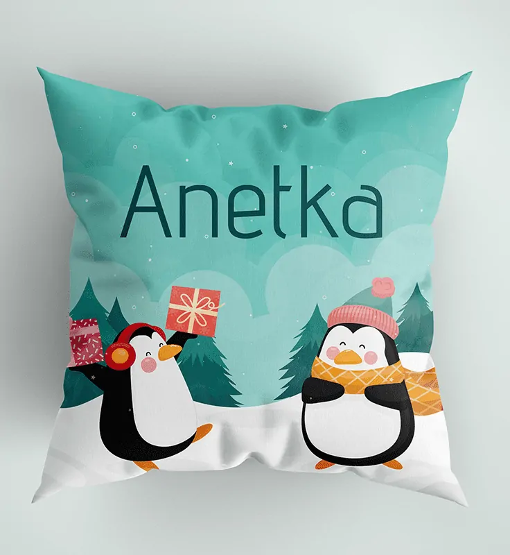 Vianočný vankúš s menom a roztomilými tučniakmi
