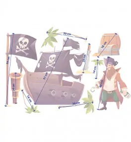 Rozmery samolepiek na stenu do detskej izby s pirátom, loďou a truhlicou s pokladom.