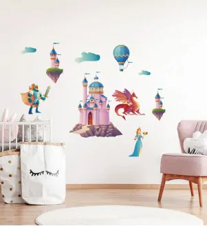 Samolepky na stenu do detskej izby s rozprávkovým hradom, princeznou a rytierom