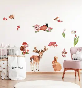 Samolepky na stenu do detskej izby s lesnými zvieratkami a kvetmi